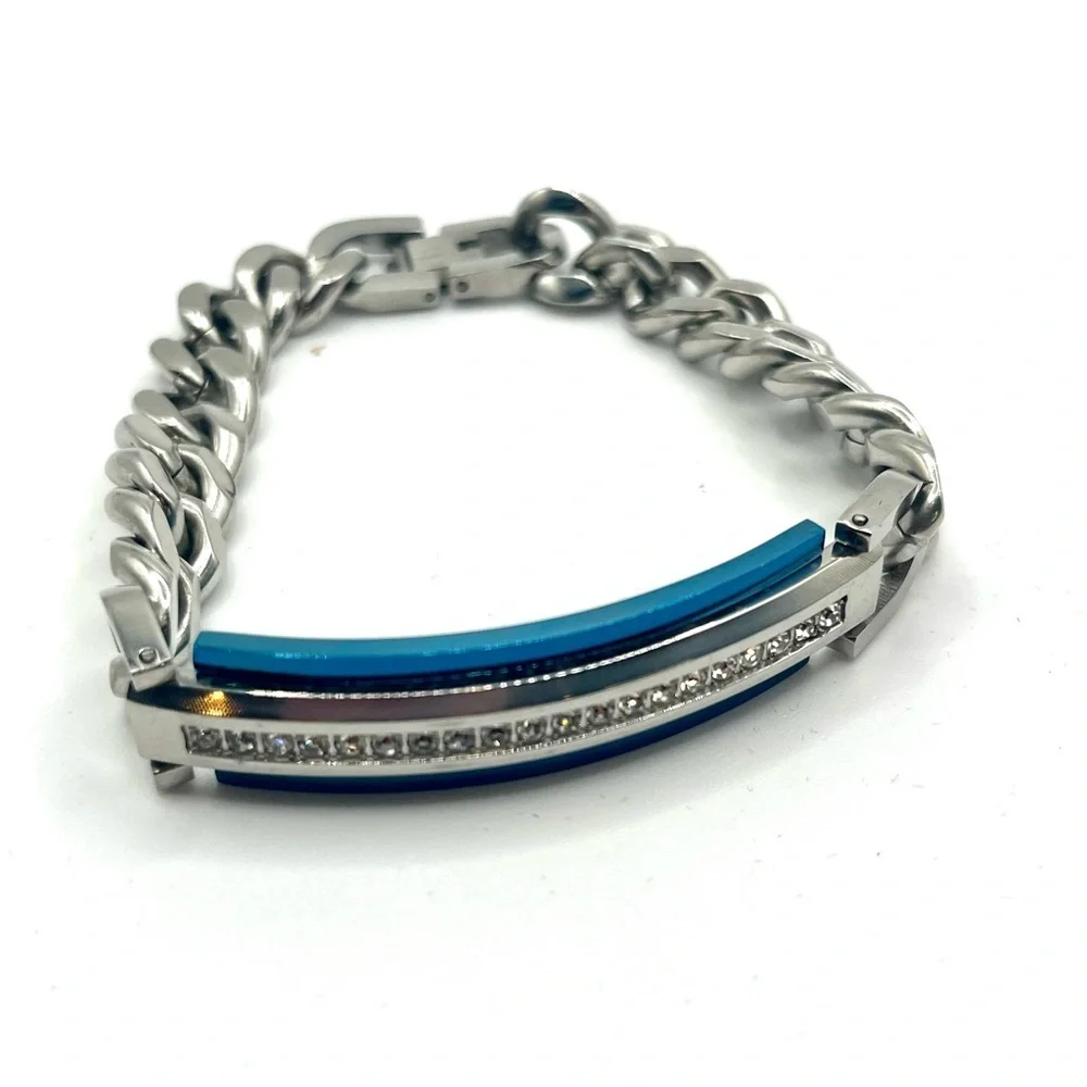 Blue bar rhinestone chain bracelet silver tone chunky modern